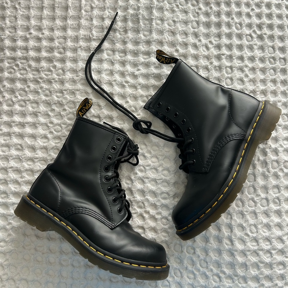 Dr. Martens Black Leather Boots with Yellow Stitching
